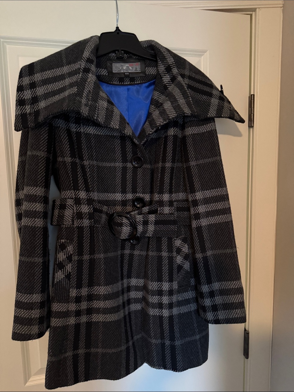 Black & Gray Plaid Belted Pea Coat with Wide Collar